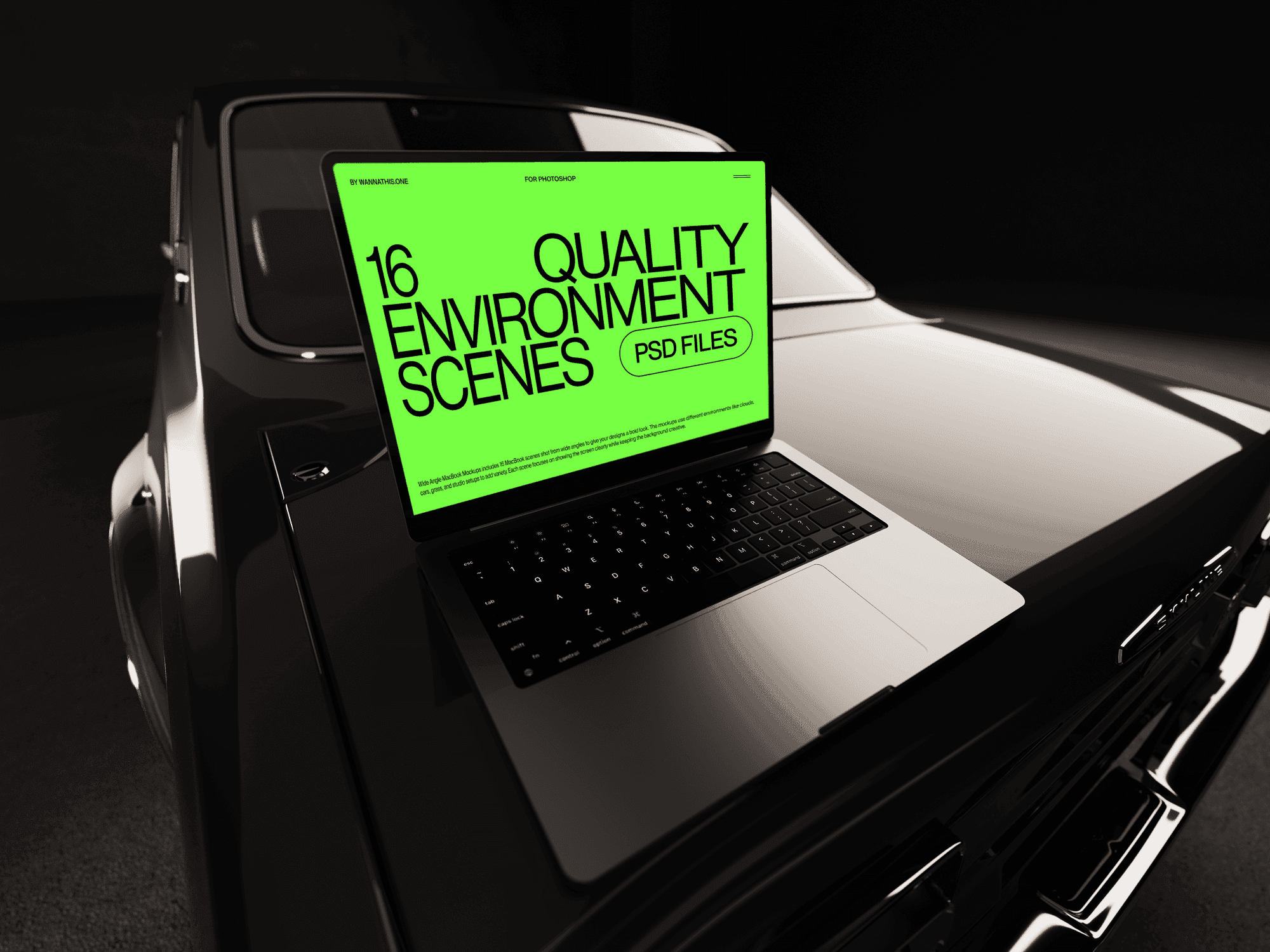 Free Wide Screen MacBook Mockup on Vintage Car